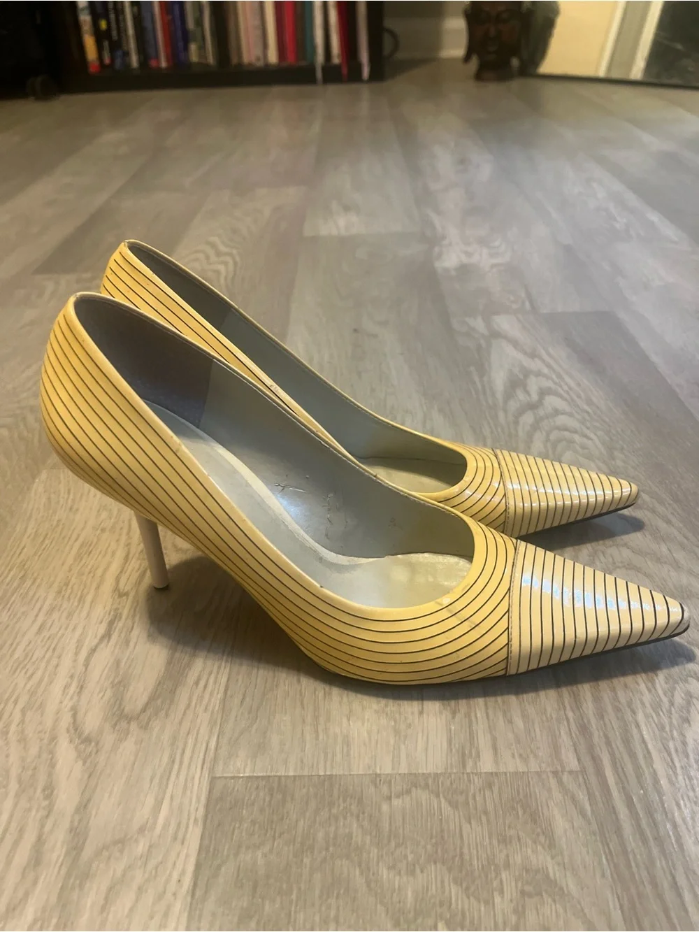 BCBGirls Yellow and Black Striped Pointed Toe Pumps Y2K